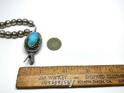 Old Pawn Navajo Sterling Silver Turquoise Squash Blossom 26 Bench Bead Necklace