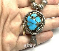 Old Pawn Navajo Sterling Silver Turquoise Squash Blossom Bench Bead Necklace