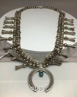 Old Pawn Navajo Turquoise 925 Sand Cast Squash Blossom Necklace, 30 Silver