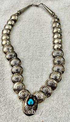 Old Pawn Sterling Silver And Turquoise Shadow Box Bench Bead Necklace Navajo