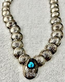 Old Pawn Sterling Silver And Turquoise Shadow Box Bench Bead Necklace Navajo