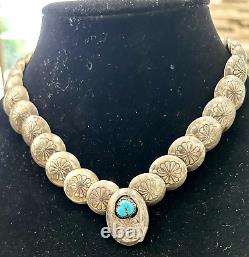 Old Pawn Sterling Silver And Turquoise Shadow Box Bench Bead Necklace Navajo