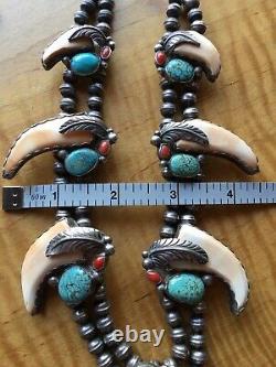 Old Pawn Sterling Silver Spiny Oyster Turquoise Coral Signed Squash Necklace A++