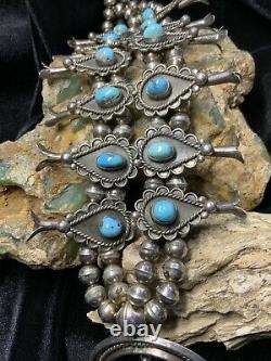 Old Pawn, Sterling Silver & Turquoise Navajo Squash Blossom Necklace, 170.5g