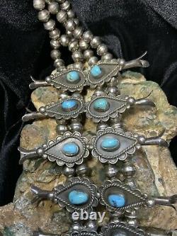 Old Pawn, Sterling Silver & Turquoise Navajo Squash Blossom Necklace, 170.5g