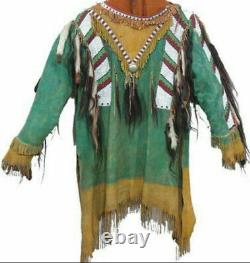 Old Style Native American Buffalo Beaded Fringes Powwow Regalia War Shirt NLS5