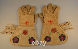 Old Vintage Beaded Leather Gauntlets Gloves Plains Indian Flower Design