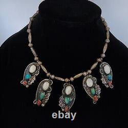 Old Vintage Native American Handmade Beaded Necklace Shell Coral Turquoise BM