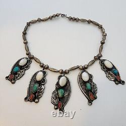Old Vintage Native American Handmade Beaded Necklace Shell Coral Turquoise BM