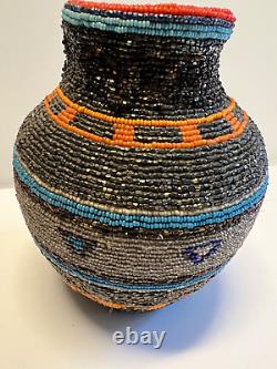 Original Native American Indian Beaded Glass Bottle Jar Beautiful Colors