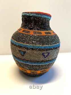 Original Native American Indian Beaded Glass Bottle Jar Beautiful Colors