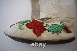 Pair Old Native American Flower Beaded White Tanned High Top Leather Moccasins