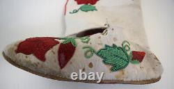 Pair Old Native American Flower Beaded White Tanned High Top Leather Moccasins
