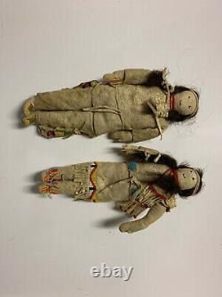 Pair of Antique Native American Indian Beaded Leather Plains Tribe Dolls Rare
