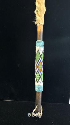 Peyote Stick Native American Beaded Horsehair Buckskin Fur Dance Stick VTG 17