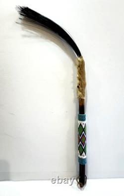 Peyote Stick Native American Beaded Horsehair Buckskin Fur Dance Stick VTG 17