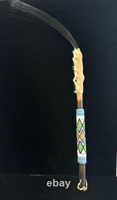 Peyote Stick Native American Beaded Horsehair Buckskin Fur Dance Stick VTG 17