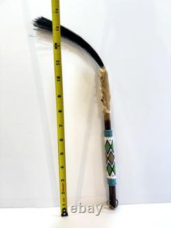 Peyote Stick Native American Beaded Horsehair Buckskin Fur Dance Stick VTG 17