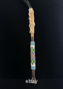 Peyote Stick Native American Beaded Horsehair Buckskin Fur Dance Stick VTG 17