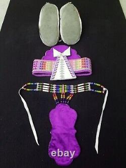 Pink 4 Piece Cut Beaded Native American Indian Crown, Moccasins, And Choker Set