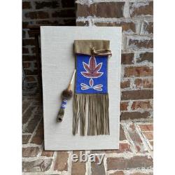 Plains Great Lakes Native American Beaded Pipe w Leather Tobacco Bag Framed