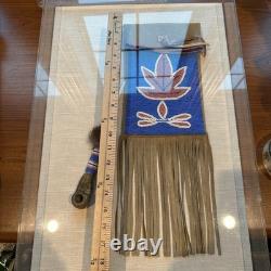 Plains Great Lakes Native American Beaded Pipe w Leather Tobacco Bag Framed