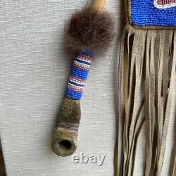 Plains Great Lakes Native American Beaded Pipe w Leather Tobacco Bag Framed