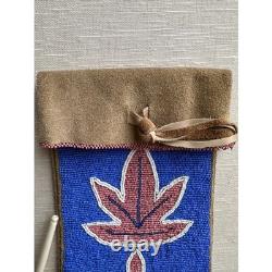 Plains Great Lakes Native American Beaded Pipe w Leather Tobacco Bag Framed