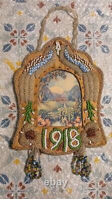 RARE Antique 1918 Native American Beadwork Beaded Whimsy Picture Frame