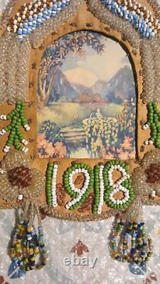 RARE Antique 1918 Native American Beadwork Beaded Whimsy Picture Frame