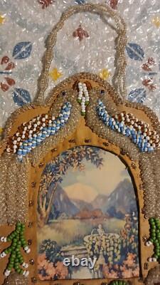 RARE Antique 1918 Native American Beadwork Beaded Whimsy Picture Frame