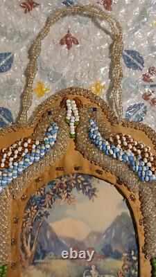 RARE Antique 1918 Native American Beadwork Beaded Whimsy Picture Frame