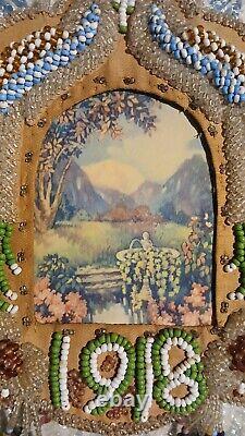 RARE Antique 1918 Native American Beadwork Beaded Whimsy Picture Frame