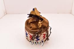 RARE Antique Sioux Lakota beaded Round Pouch Box Native American leather Bag VTG
