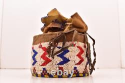 RARE Antique Sioux Lakota beaded Round Pouch Box Native American leather Bag VTG