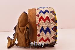 RARE Antique Sioux Lakota beaded Round Pouch Box Native American leather Bag VTG