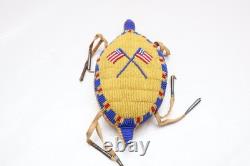 RARE, OLD NATIVE AMERICAN BEADED LEATHER FETISH American Flags AMULET Turtle ATQ