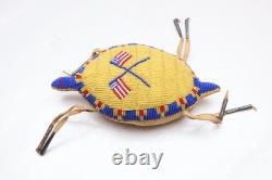 RARE, OLD NATIVE AMERICAN BEADED LEATHER FETISH American Flags AMULET Turtle ATQ