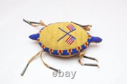 RARE, OLD NATIVE AMERICAN BEADED LEATHER FETISH American Flags AMULET Turtle ATQ