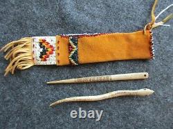 Rare Native American Quilled Leather Awl Bag, Beaded & Quilled Pouch Sd-04278