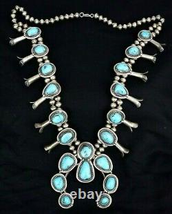 SQUASH BLOSSOM Necklace Sterling Silver Turquoise HEAVY 237 g. Vintage Navajo