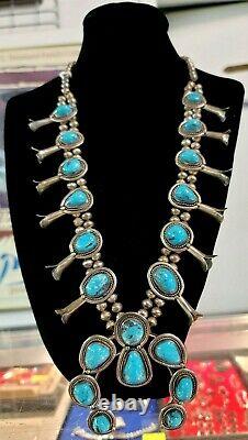 SQUASH BLOSSOM Necklace Sterling Silver Turquoise HEAVY 237 g. Vintage Navajo