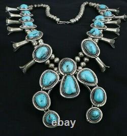 SQUASH BLOSSOM Necklace Sterling Silver Turquoise HEAVY 237 g. Vintage Navajo