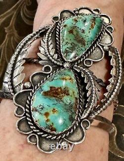 STUNNING Sterling Silver NAVAJO DOUBLE ROYSTON TURQUOISE 3L Bead CUFF BRACELET