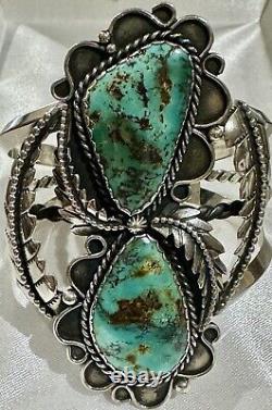 STUNNING Sterling Silver NAVAJO DOUBLE ROYSTON TURQUOISE 3L Bead CUFF BRACELET