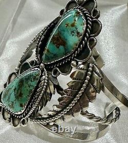 STUNNING Sterling Silver NAVAJO DOUBLE ROYSTON TURQUOISE 3L Bead CUFF BRACELET