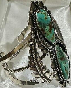 STUNNING Sterling Silver NAVAJO DOUBLE ROYSTON TURQUOISE 3L Bead CUFF BRACELET