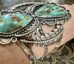 STUNNING Sterling Silver NAVAJO DOUBLE ROYSTON TURQUOISE 3L Bead CUFF BRACELET