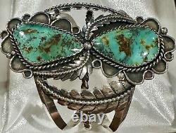 STUNNING Sterling Silver NAVAJO DOUBLE ROYSTON TURQUOISE 3L Bead CUFF BRACELET