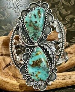 STUNNING Sterling Silver NAVAJO DOUBLE ROYSTON TURQUOISE 3L Bead CUFF BRACELET